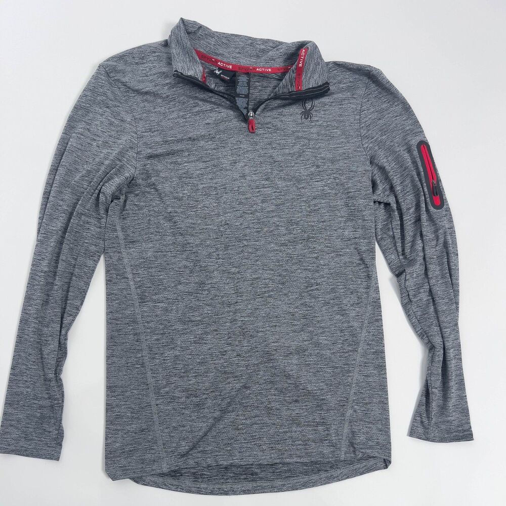 Spyder Active 1/4 Zip Pullover Men's Large Gray Red Athletic Long Sleeve Shirt